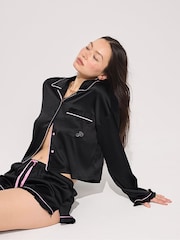 Victoria's Secret Pink Black Satin Long Sleeve Short Pyjama Set - Image 1 of 3
