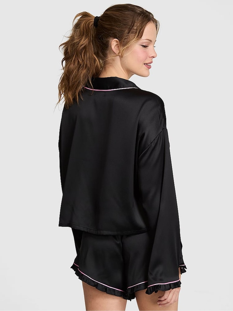 Victoria's Secret Pink Black Satin Long Sleeve Short Pyjama Set - Image 3 of 3 Victoria's Secret Pink Black Satin Long Sleeve Short Pyjama Set - Image 3 of 3