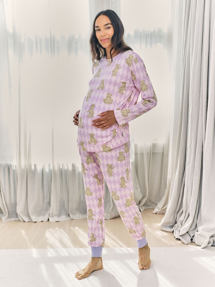 Chelsea Peers Purple Maternity Argyle Bear Long Pyjamas Set - Image 1 of 6 Chelsea Peers Purple Maternity Argyle Bear Long Pyjamas Set - Image 1 of 6