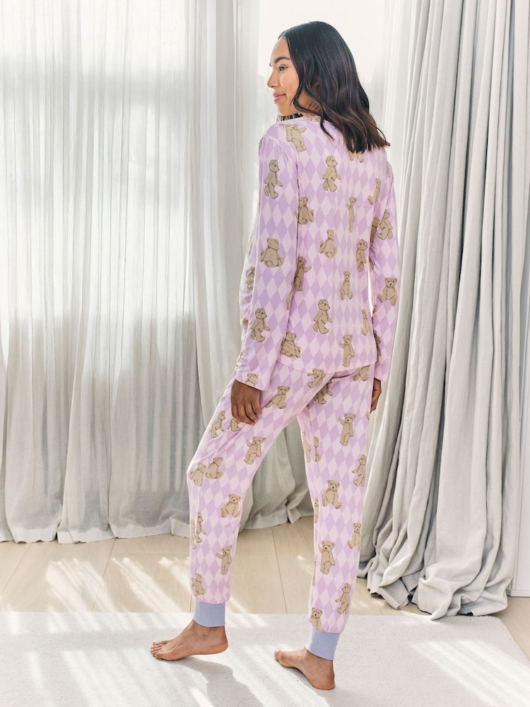Chelsea Peers Purple Maternity Argyle Bear Long Pyjamas Set - Image 2 of 6 Chelsea Peers Purple Maternity Argyle Bear Long Pyjamas Set - Image 2 of 6