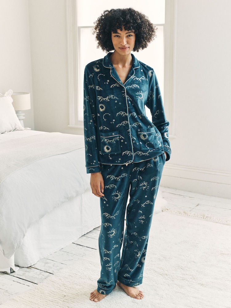 Chelsea Peers Green Velour Gold Foil Lunar Skies Long Pyjama Set - Image 1 of 6 Chelsea Peers Green Velour Gold Foil Lunar Skies Long Pyjama Set - Image 1 of 6