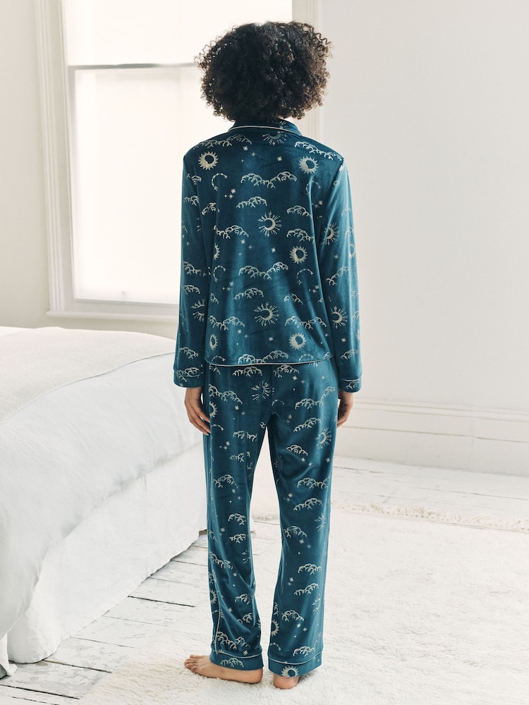 Chelsea Peers Green Velour Gold Foil Lunar Skies Long Pyjama Set - Image 2 of 6 Chelsea Peers Green Velour Gold Foil Lunar Skies Long Pyjama Set - Image 2 of 6