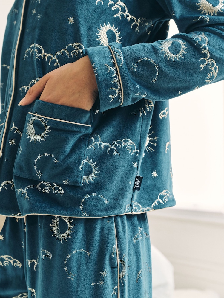 Chelsea Peers Green Velour Gold Foil Lunar Skies Long Pyjama Set - Image 6 of 6 Chelsea Peers Green Velour Gold Foil Lunar Skies Long Pyjama Set - Image 6 of 6