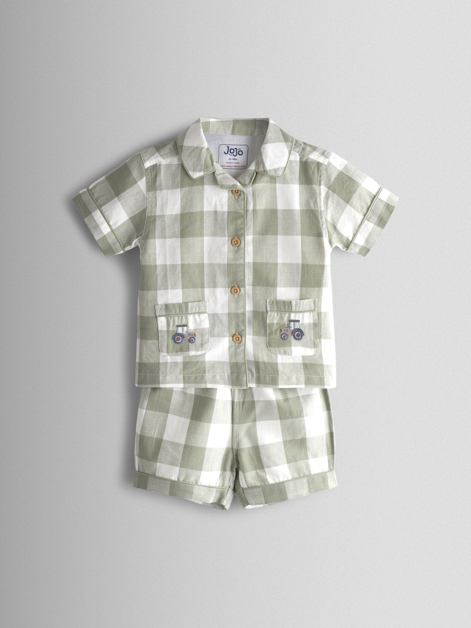 JoJo Maman Bébé Green Tractor Embroidered Woven Classic Pyjamas