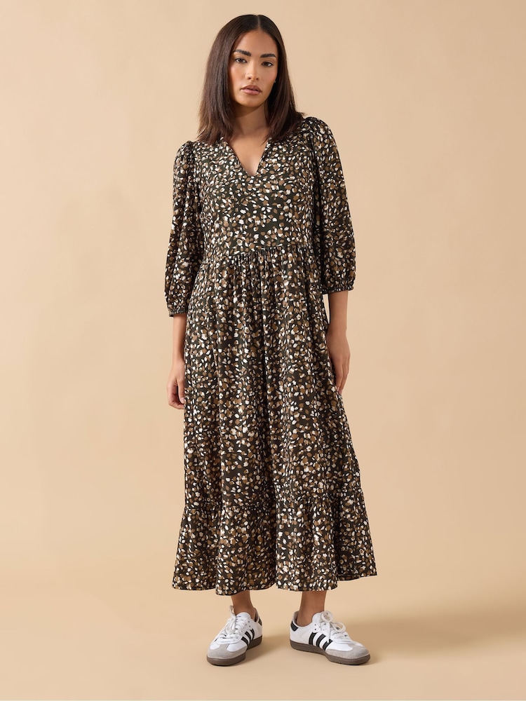 PixieGirl Petite Brown Animal Mark Collar Midi Dress - Image 1 of 5