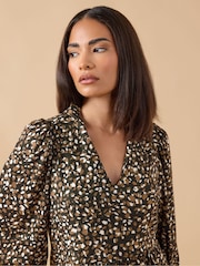 PixieGirl Petite Brown Animal Mark Collar Midi Dress - Image 4 of 5