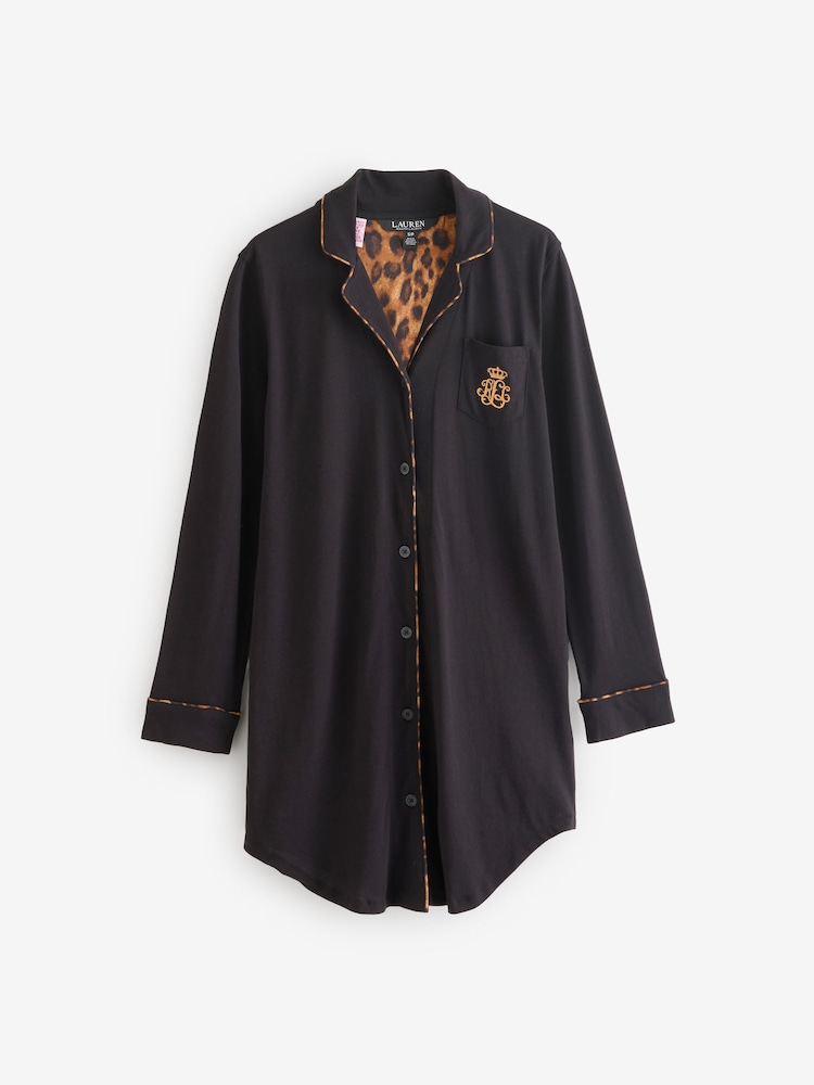 Lauren Ralph Lauren Black Cotton Knit Notch Collar Sleepshirt - Image 4 of 4