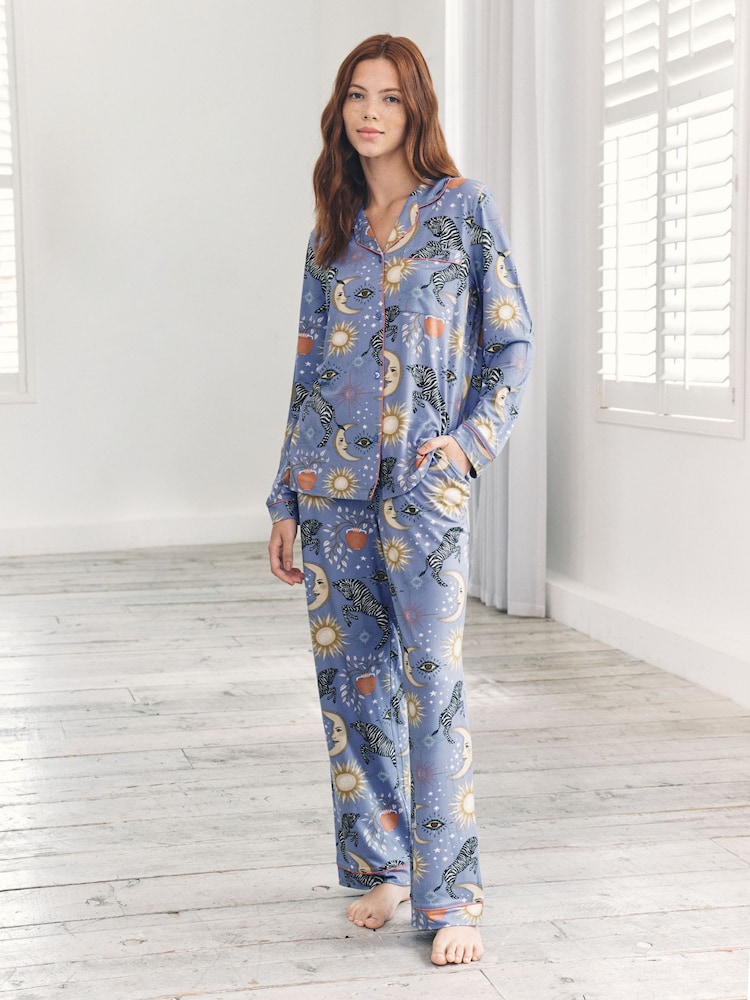 Chelsea Peers Purple Celestial Zebra Print Button-Up Long Pyjamas Set - Image 1 of 5 Chelsea Peers Purple Celestial Zebra Print Button-Up Long Pyjamas Set - Image 1 of 5