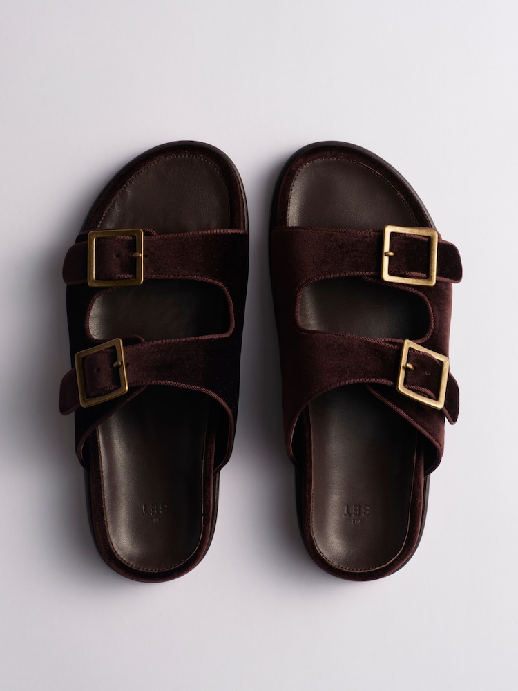 The Set Velvet Double Strap Slip On Footbed Sandals Chocolate Brown - Image 1 of 6