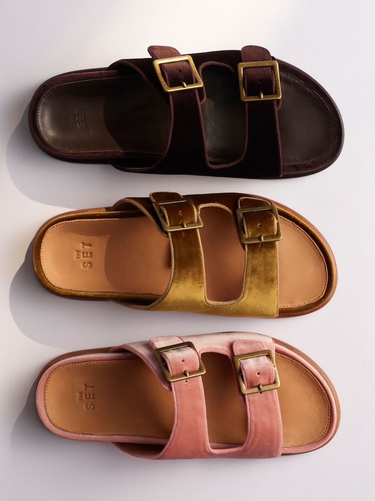 The Set Velvet Double Strap Slip On Footbed Sandals Chocolate Brown - Image 6 of 6