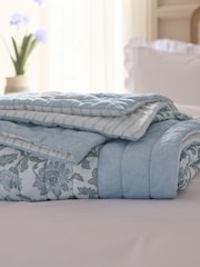 Blue Floral Woodblock Quilted Bedspread - Image 4 of 7