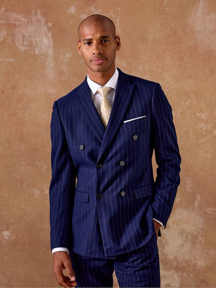 Skopes Blue Declan Suit Slim Fit Pinstripe Double Breasted Jacket - Image 1 of 6