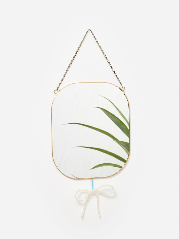 Oliver Bonas Gold Beaded Bow Drop Hanging Mirror - Image 1 of 4 Oliver Bonas Gold Beaded Bow Drop Hanging Mirror - Image 1 of 4