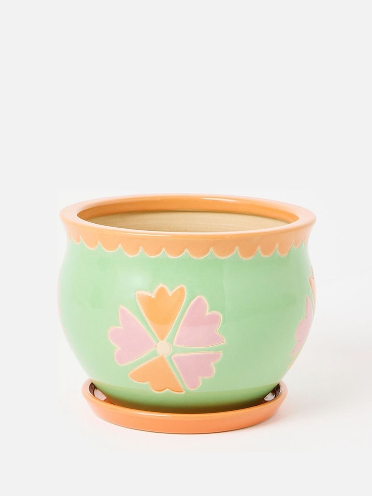 Oliver Bonas Orange Large Flor Ceramic Plant Pot & Dish - Image 1 of 4