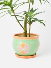 Oliver Bonas Orange Large Flor Ceramic Plant Pot & Dish - Image 2 of 4