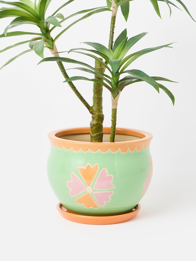 Oliver Bonas Orange Large Flor Ceramic Plant Pot & Dish - Image 2 of 4