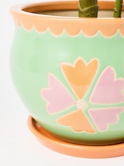 Oliver Bonas Orange Large Flor Ceramic Plant Pot & Dish - Image 3 of 4