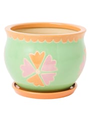 Oliver Bonas Orange Large Flor Ceramic Plant Pot & Dish - Image 4 of 4