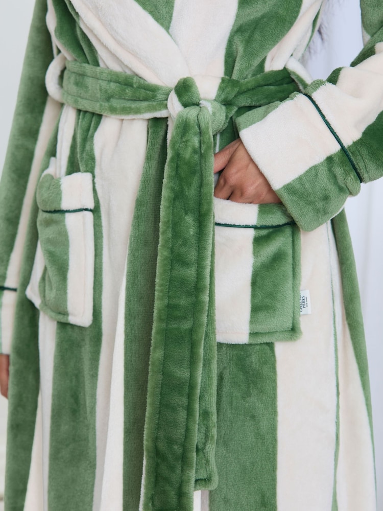 Chelsea Peers Brown Fleece Stripe Dressing Gown - Green - Image 2 of 4