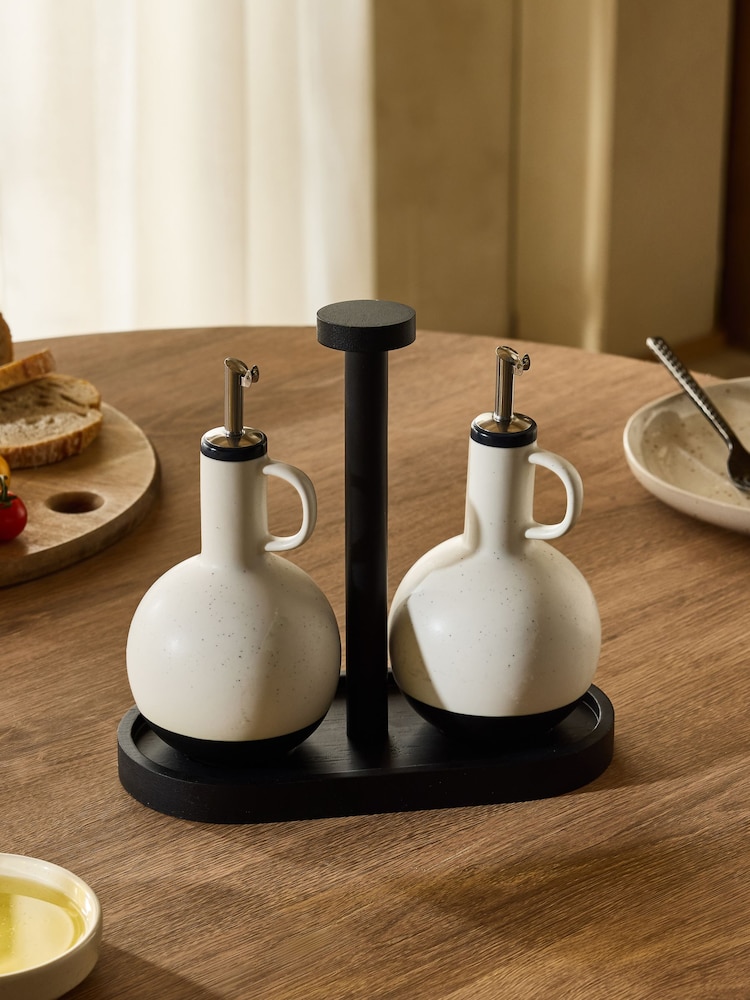 Monochrome Lars Speckle Oil and Vinegar Bottles with Wooden Tray - Image 1 of 5 Monochrome Lars Speckle Oil and Vinegar Bottles with Wooden Tray - Image 1 of 5