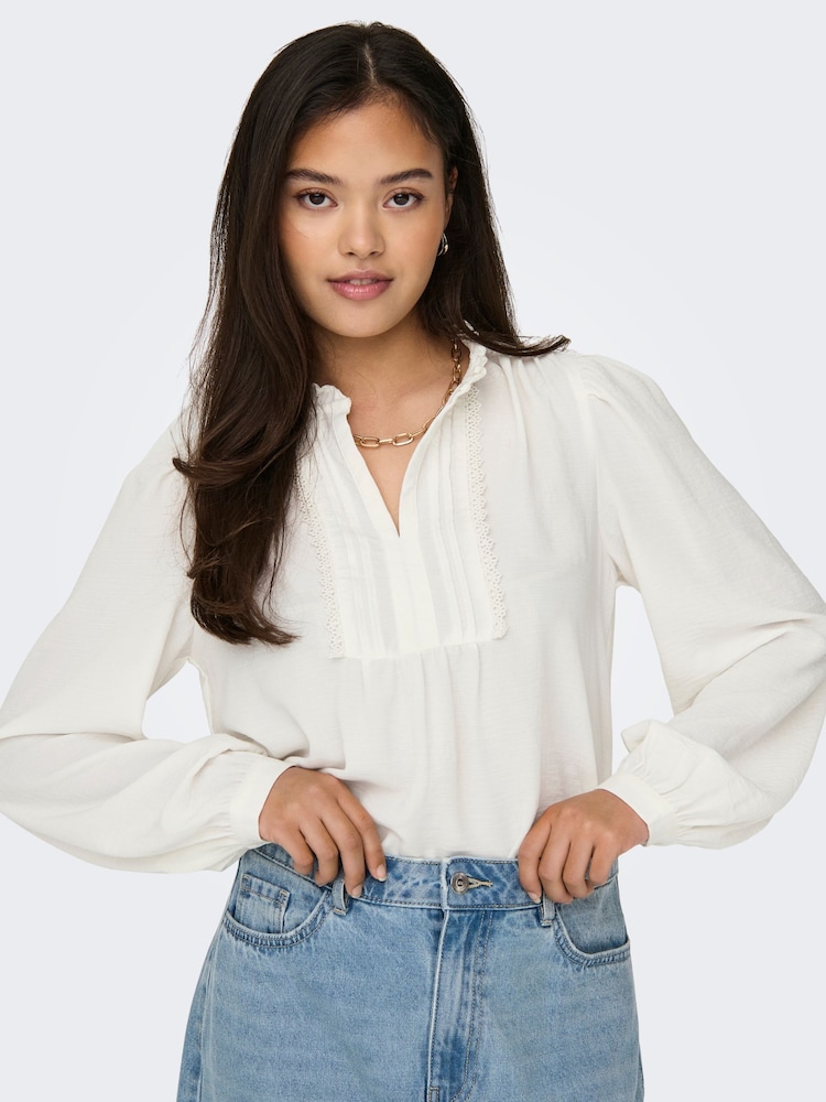 JDY White Pintuck Long Sleeve Blouse - Image 1 of 6 JDY White Pintuck Long Sleeve Blouse - Image 1 of 6