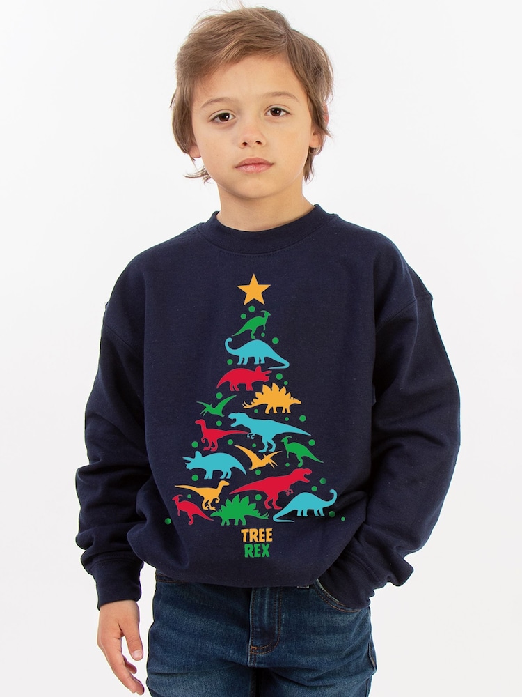 Brands In Blue Christmas Dinosaur Tree Rex Sweatshirt - Image 1 of 5 Brands In Blue Christmas Dinosaur Tree Rex Sweatshirt - Image 1 of 5