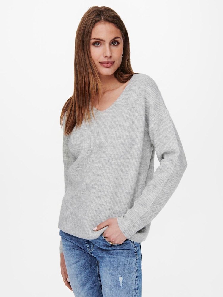 ONLY Grey V-Neck Long Sleeve Jumper - Image 2 of 6 ONLY Grey V-Neck Long Sleeve Jumper - Image 2 of 6