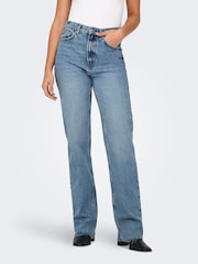 ONLY Blue High Waist Raw Hem Straight Leg Jeans - Image 1 of 7