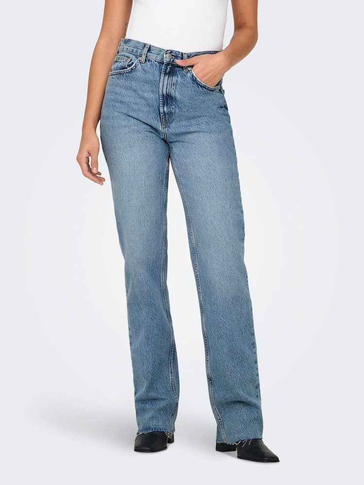 ONLY Blue High Waist Raw Hem Straight Leg Jeans - Image 1 of 7 ONLY Blue High Waist Raw Hem Straight Leg Jeans - Image 1 of 7