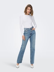 ONLY Blue High Waist Raw Hem Straight Leg Jeans - Image 2 of 7