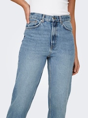 ONLY Blue High Waist Raw Hem Straight Leg Jeans - Image 4 of 7