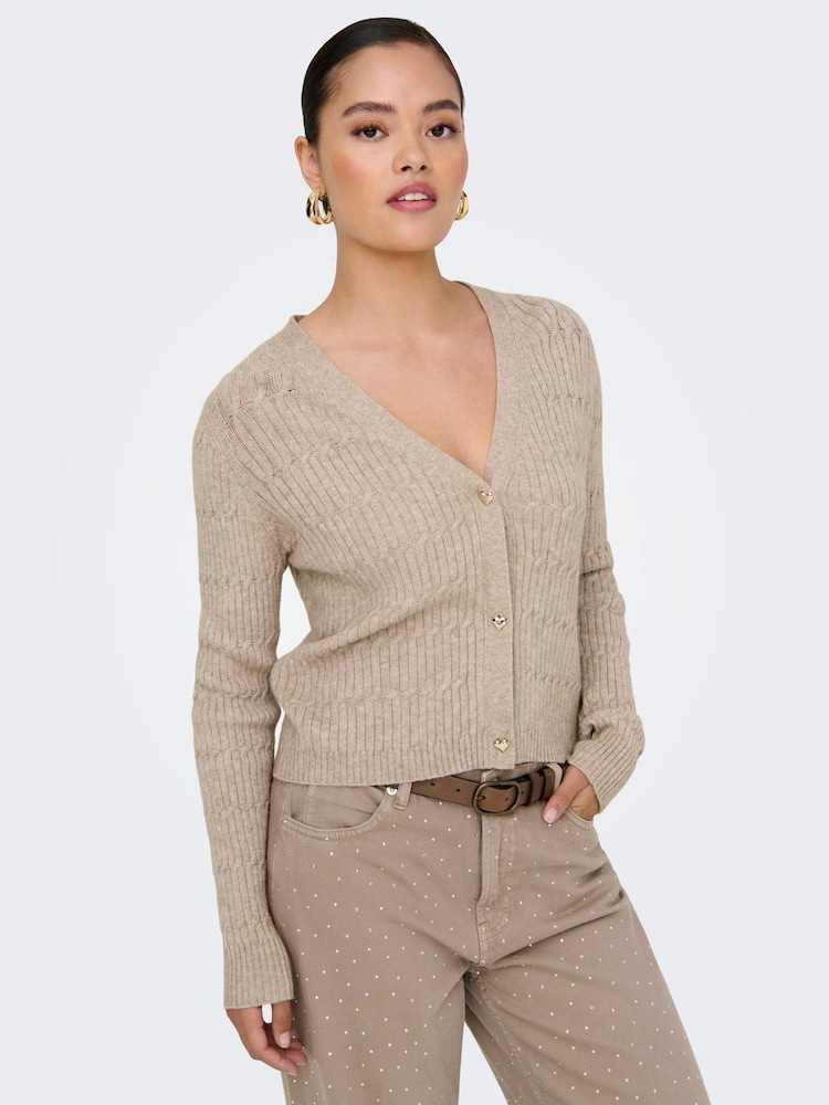 ONLY Brown V-Neck Heart Button Cable Knit Cardigan - Image 1 of 6