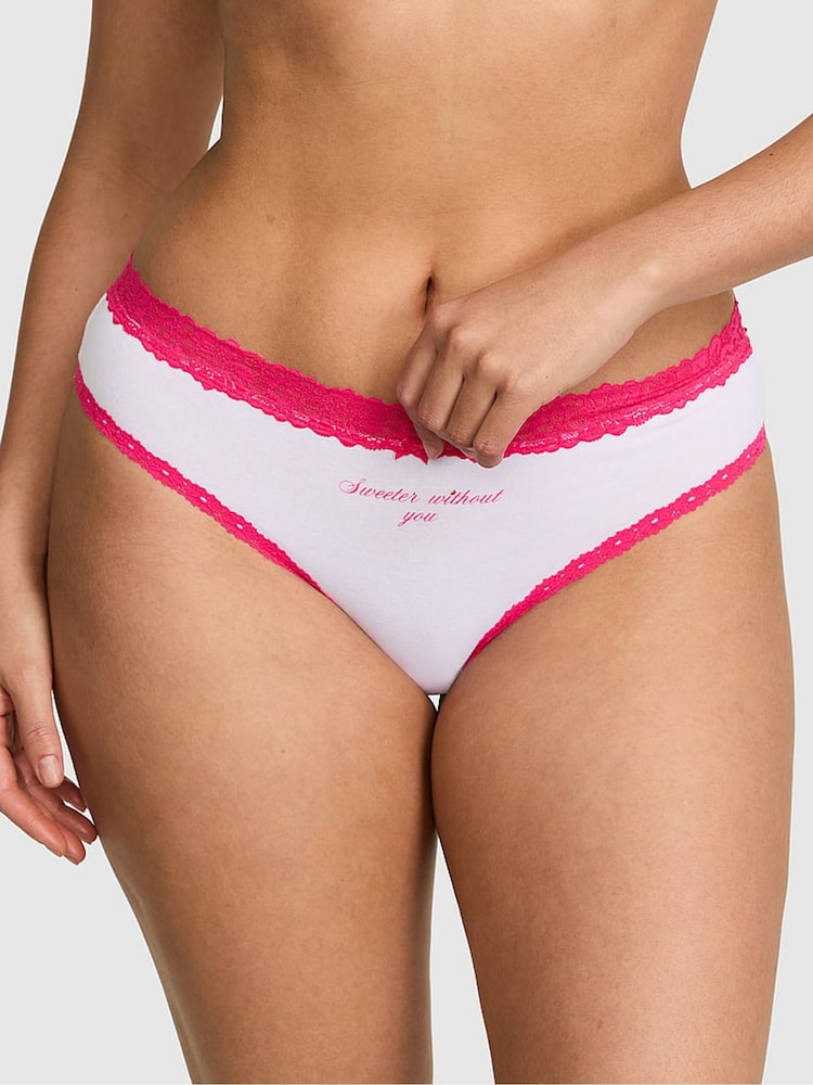 Victoria's Secret PINK White and Pink 'Sweeter Without You' Cheeky Cotton Lace Trim Knickers - Image 1 of 2