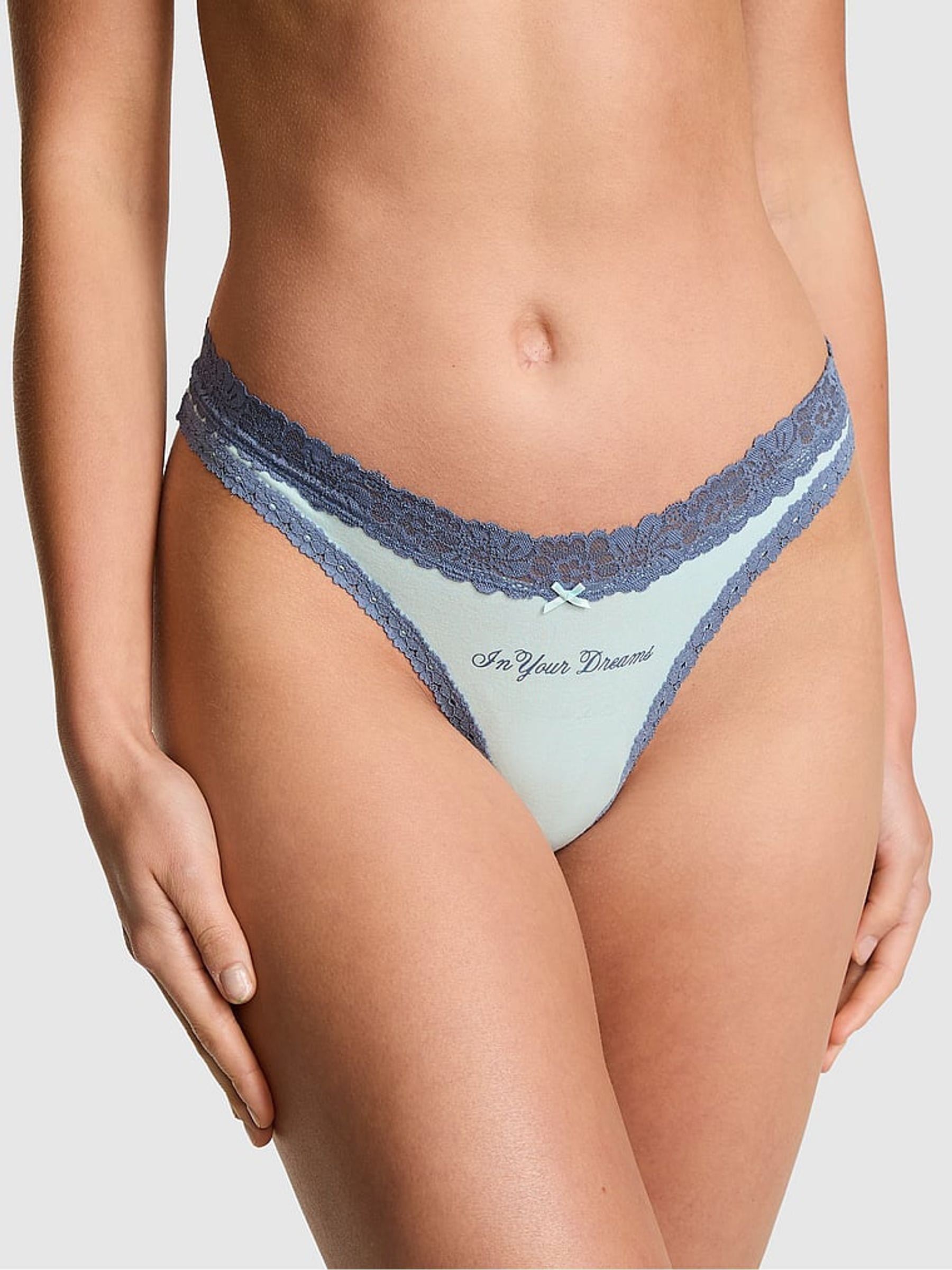 Victoria's Secret PINK Spray Blue 'In Your Dreams' Thong Cotton Lace Trim Knickers