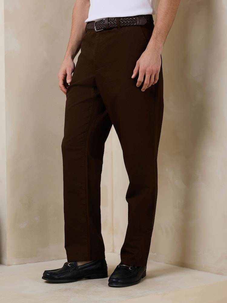 Brown Regular Fit Smart Linen Cotton Blend Belted Trousers - Image 1 of 5