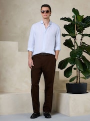 Brown Regular Fit Smart Linen Cotton Blend Belted Trousers - Image 2 of 5