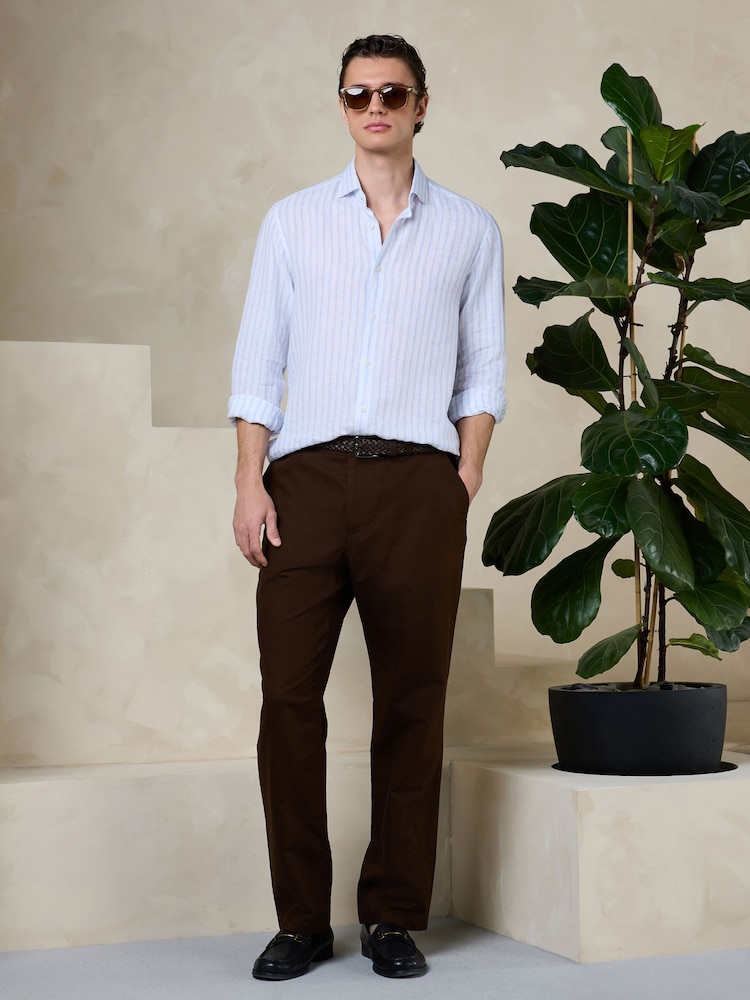 Brown Regular Fit Smart Linen Cotton Blend Belted Trousers - Image 2 of 5