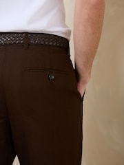Brown Regular Fit Smart Linen Cotton Blend Belted Trousers - Image 4 of 5