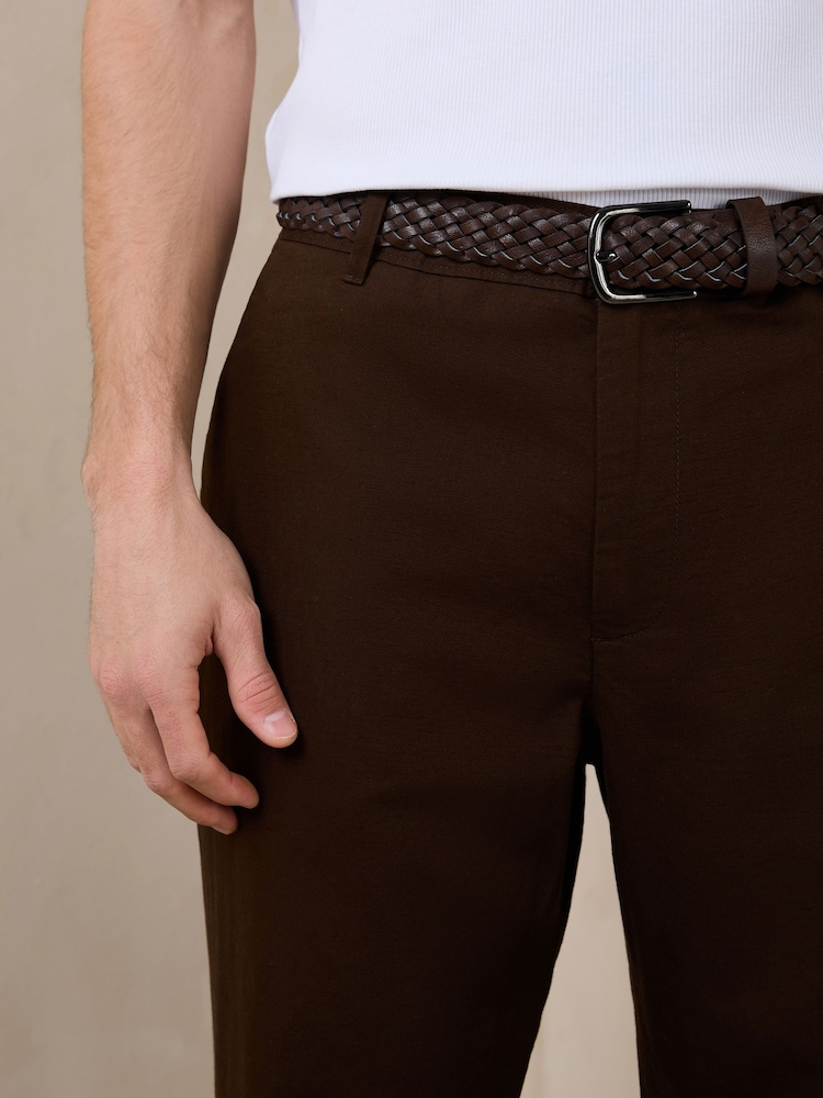 Brown Regular Fit Smart Linen Cotton Blend Belted Trousers - Image 5 of 5
