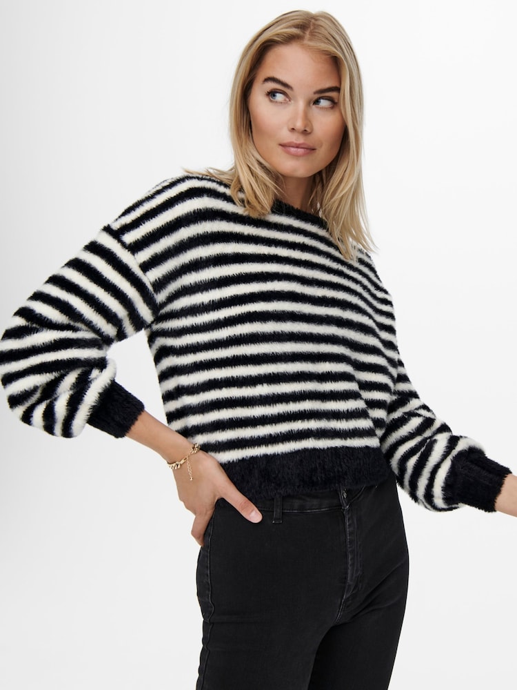 ONLY Black Stripe Fluffy Round Neck Jumper - Image 1 of 7
