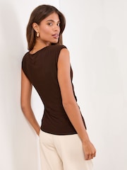 Lipsy Chocolate Brown Short Sleeve Slinky Hardware Top - Image 4 of 4