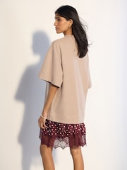 Neutral/ Burgundy Spot 2-In-1 Soft Touch Short Sleeve Jumper Lace Skirt - Image 2 of 7
