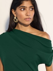 Dark Green Draped Off The Shoulder Ruched Midi Occasion Dress - Image 4 of 7