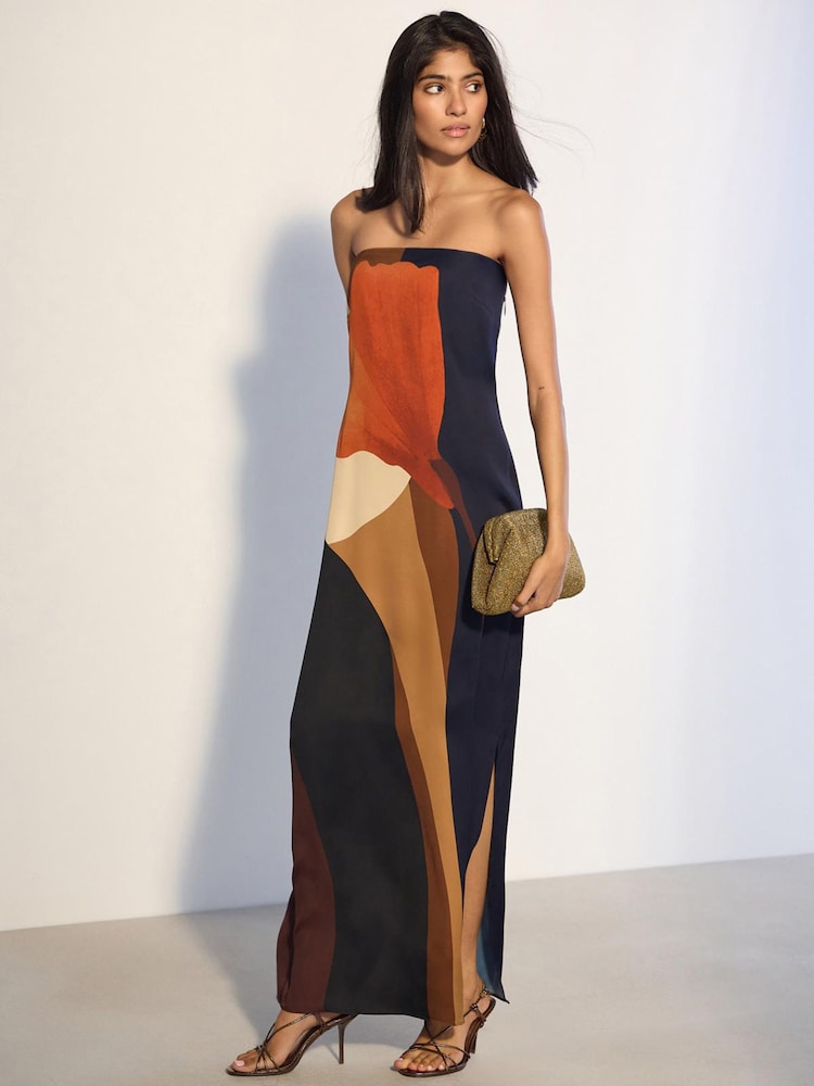 Brown Floral Print Bandeau Column Maxi Occasion Dress - Image 1 of 5 Brown Floral Print Bandeau Column Maxi Occasion Dress - Image 1 of 5