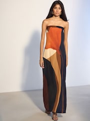 Brown Floral Print Bandeau Column Maxi Occasion Dress - Image 2 of 5