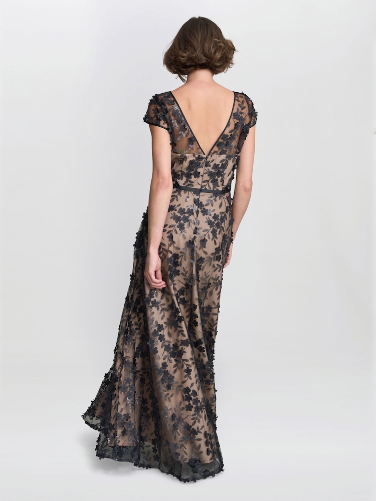 Gina Bacconi Keira 3D Flower Maxi Nude Dress - Slika 2 iz 7