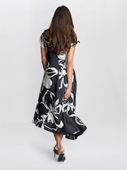 Gina Bacconi Maude Floral Print Asymmetrical Midi Black Dress - Image 2 of 6