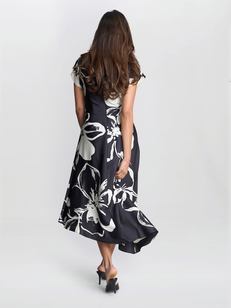 Gina Bacconi Maude Floral Print Asymmetrical Midi Black Dress - Image 2 of 6 Gina Bacconi Maude Floral Print Asymmetrical Midi Black Dress - Image 2 of 6