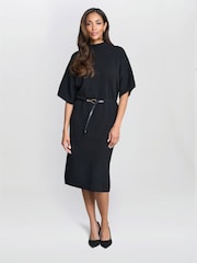 Gina Bacconi Alaura Belted Knit Midi Black Dress - Image 1 of 6