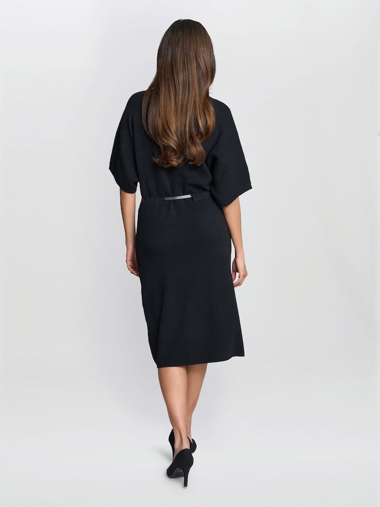 Gina Bacconi Alaura Belted Knit Midi Black Dress - Image 2 of 6